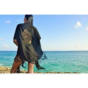 Leana Paris Celia Cardigan Black Swimsuit Coverup Women One Size Lace‎ Tassel